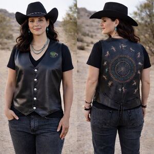 WESTERN NAVAJO HAND PAINTED BLACK LEATHER VEST FROM STAMPEDE RUIDOSO NM SZ LARGE